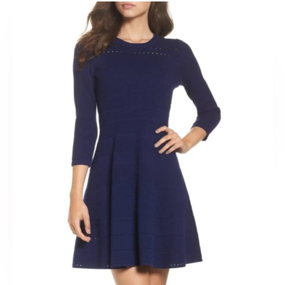 Eliza J Fit & Flare long sleeves Sweater Dress in Blue XS NWT 1776 - Picture 1 of 15